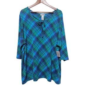 Catherines Plaid Tunic Top Women's Plus Size 2X Blue Green 3/4 Sleeve Casual NWT